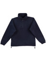 A navy unisex polar fleece jumper with long sleeves and a high collar, featuring a zip and adjustable drawstring at the hem.