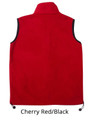 A unisex polar fleece vest in cherry red with black accents, featuring a logo and adjustable drawstring at the hem.