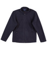 A navy blue polar fleece jacket with a full zip, featuring side pockets and a round collar. It has a logo.