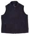 A navy blue fleece vest for kids featuring a zip front and side pockets, with a brand logo.