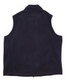 A navy fleece vest for kids, featuring a high collar and no sleeves, with a logo on the back.