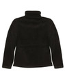 A black polar fleece jacket featuring a high collar and a smooth finish, with a logo on the back.