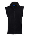 A black polar fleece vest with a zip front and a high collar, featuring a logo.
