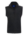 A grey adult's polar fleece vest with a high collar and front zip, featuring a logo.