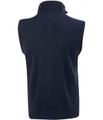 A navy blue adult's polar fleece vest featuring a high collar and sleeveless design. Includes a logo on the back.