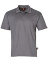 A grey short-sleeve polo shirt featuring a logo, with textured shoulder panels and a classic collar design.