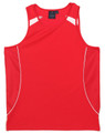 A red men's singlet featuring white detailing and a logo on the label.
