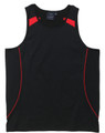 A black singlet with red accents and a tag, featuring a logo. Suitable for casual wear or sports.