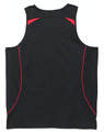 A black men's singlet with red detailing and a logo on the back.