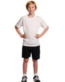 Kids cooldry sports shorts in black, paired with a white sports t-shirt. The outfit is modelled by a young boy.