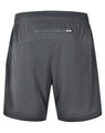A pair of grey sports shorts featuring a back pocket and a logo on the side.