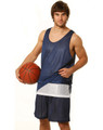 A man in navy blue basketball shorts and a matching jersey holds a basketball, featuring a logo on the jersey.