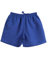 Blue microfibre shorts featuring an elastic waistband and side pockets, with a branding logo.