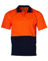 A Hi-Vis short-sleeve safety polo shirt in bright orange and navy blue, featuring a pocket and a logo.