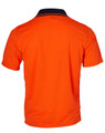 An orange short-sleeved polo shirt with a navy collar, featuring a logo.