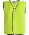 A bright yellow safety vest with grey trim, featuring a logo on the inside label.