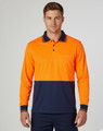 An orange and navy long-sleeve safety polo shirt featuring a pocket and a logo.