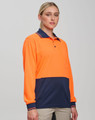 A long-sleeve polo shirt featuring high visibility orange with navy blue accents, and includes a logo on the chest.