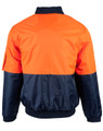 A hi-vis two-tone flying jacket featuring an orange top and dark navy bottom. The jacket has a collar and a sleeve pocket.