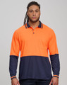 A long-sleeve safety polo shirt in bright yellow and navy blue, featuring a pocket and a logo.
