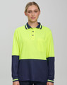 A long-sleeve safety polo shirt in high-visibility yellow with a navy blue lower section and a chest pocket.