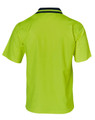 A bright high-visibility yellow safety polo shirt with short sleeves and a contrasting collar, featuring a logo.