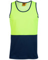A Hi-Vis safety singlet featuring a bright yellow upper section and a navy blue lower section, with a tag inside.