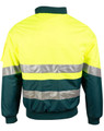 A Hi-Vis two-tone jacket in fluorescent yellow and dark green with reflective 3M tape across the back.