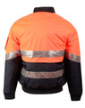 A Hi-Vis two-tone flying jacket in orange and navy, featuring reflective 3M tapes. Includes a visible logo.