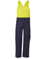 Two-tone men's cotton drill overall featuring a yellow top and navy bottom, with multiple pockets and a logo.