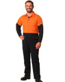 A man is wearing a Hi-Vis two-tone cotton drill coverall, featuring orange and navy blue colours. It has a logo.