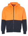 A Hi-Vis two-tone fleecy hoodie featuring an orange upper and navy lower, with a front zipper and hood.