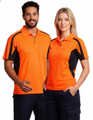 A men's and women's work polo shirt in bright orange with black detailing and a logo. Suitable for workwear.