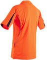 A high-visibility short-sleeve polo shirt in bright orange, featuring a logo and contrasting panels.