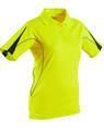 A ladies' short sleeve polo shirt in high-visibility yellow with black detailing and a logo.