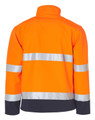 A bright orange safety jacket featuring silver reflective stripes and a navy blue lower section, with a collar.