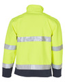 A high-visibility two-tone safety jacket in bright yellow with reflective silver strips and a dark navy base.