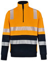 A high-visibility jumper in orange and navy with reflective stripes and a quarter zip. It features a logo on the sleeve.