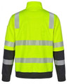 A high-visibility yellow safety jumper with reflective stripes and black sleeves, featuring a logo on one sleeve.