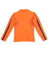 A fine orange long-sleeved polo shirt with black detailing and a logo on the back. Ideal for workwear use.