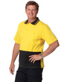 A man wearing a yellow and black two-tone safety polo shirt with a collar and pocket, featuring a branding logo.