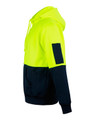 A hi-vis two-tone hoodie in bright yellow and navy blue, featuring a kangaroo pocket and an arm patch.