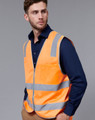 An orange safety vest with reflective stripes worn over a dark blue shirt, featuring a pocket and a logo.