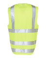 A bright yellow safety vest featuring reflective silver tapes and an ID pocket on the back.