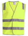 A bright yellow safety vest featuring grey shoulder reflective tapes and a front opening. It includes a logo on the label.