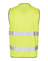A bright yellow safety vest with reflective tapes along the front and back, featuring a simple design and no sleeves.