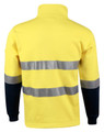 A yellow and navy two-tone fleece jumper featuring reflective 3M tape, with a back view. It has a logo.