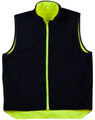 Reversible safety vest in black and high-visibility yellow, featuring a mandarine collar and pockets.