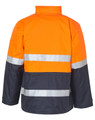 A high-visibility long line safety jacket in orange and navy, featuring reflective 3M tape stripes. It has a logo.