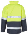 A high-visibility long line safety jacket in bright yellow and navy, featuring reflective 3M tape.